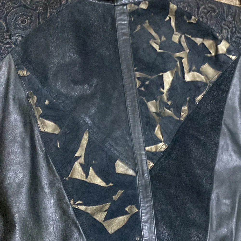 Vintage Nevada Blue Black Cut Design Pattern Leather Jacket Size L - Picture 11 of 12